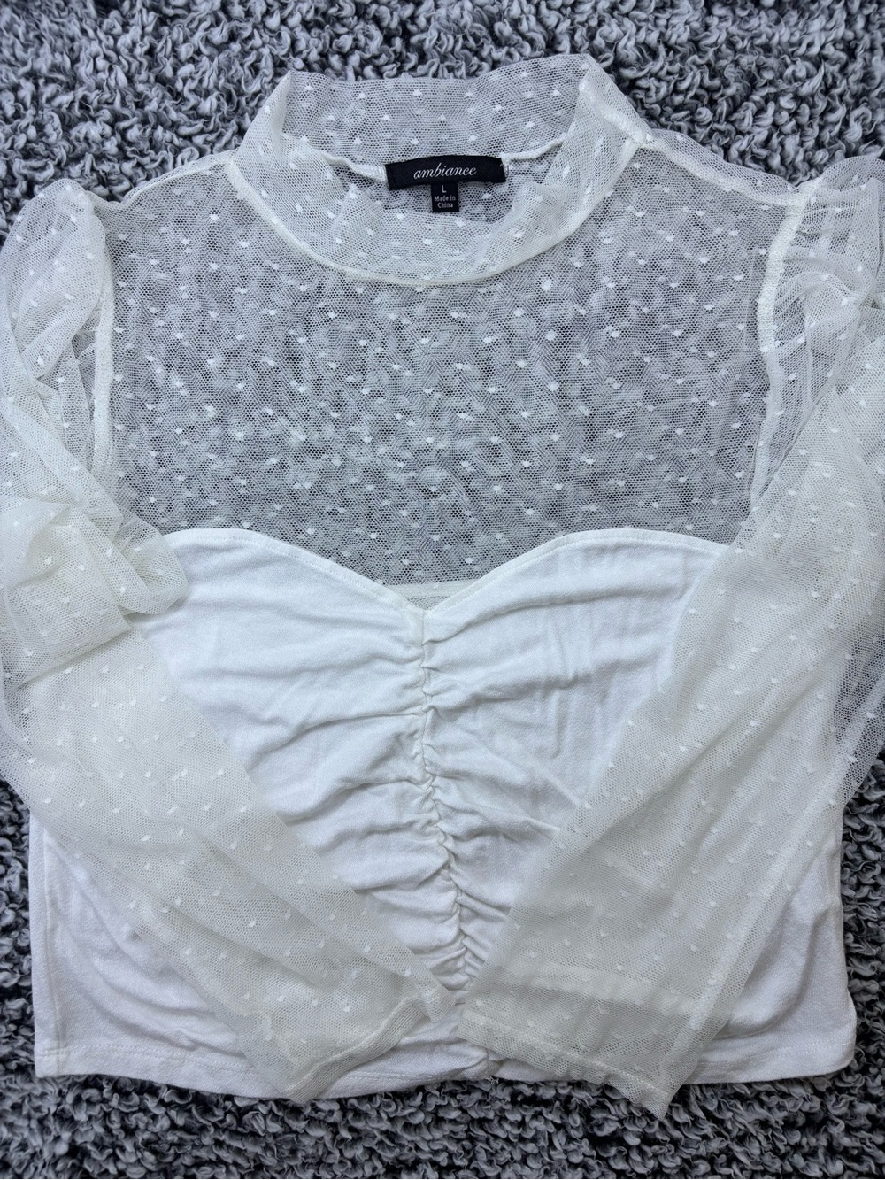 Ambiance White Coquette Swiss Dot Mesh Long Sleeve Ruched Sweetheart Crop Top L